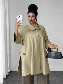 Maweii Plus Size Women's Side Slit 3/4 Sleeve Trench Coat Fall - Khaki - View 2