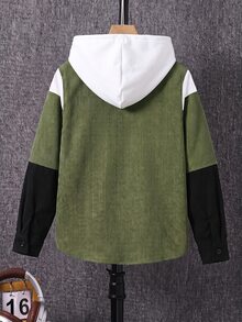 SHEIN Tween Boy Casual Colorblock Patchwork Hooded Shirt With Pockets, Suitable For Autumn, Spring, Winter, Ideal For Outdoor Play, School, Streetwear, Parties And Home Leisure, High Cost-Performance - Army Green - View 3