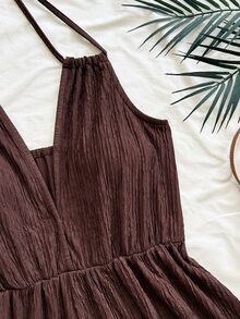 Soleia Women's Vacation Colorful Tie-Dye Floral Toothpick Pleat Print V-Neck Halter Back Tie Open Back Cinched Waist Voluminous Wide Leg Romper - Brown - View 5