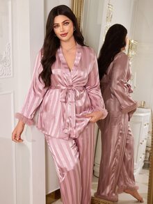 MuseNap CURVE Pink Satin Vertical Striped Mesh Trim Tie Front Plus Size Pajama Set - Pink - View 5