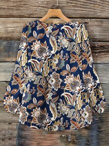 EMERY ROSE 大尺碼女款休閒花卉植物印花圓領長袖上衣，植物印花襯衫，秋季穿搭，鄉村音樂節風格襯衫，女款春/秋季上衣，戶外服飾，大尺碼襯衫 - 彩色 - 查看 2