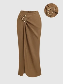 Sweetra Early Autumn New Asymmetrical Hem Waist Buckle Design Gentle Elegant Daily Office Brunch Party Versatile Korean Style Women's Long Skirt Coffee Brown - Khaki - View 1