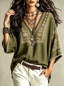NostaNoir 波希米亞風仿刺繡花卉印花女款上衣，寬鬆V領蝙蝠袖七分袖修身上衣，休閒度假旅行襯衫，適合鄉村與海灘 - 彩色 - 查看 5