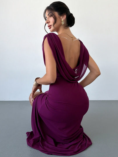 Firerie Women's Elegant Charming Sexy Party Evening Dress, Purple-Red Backless Draped Cowl Neck Sleeveless Cinched Waist Mermaid Tail Dress, Women's Banquet Dress