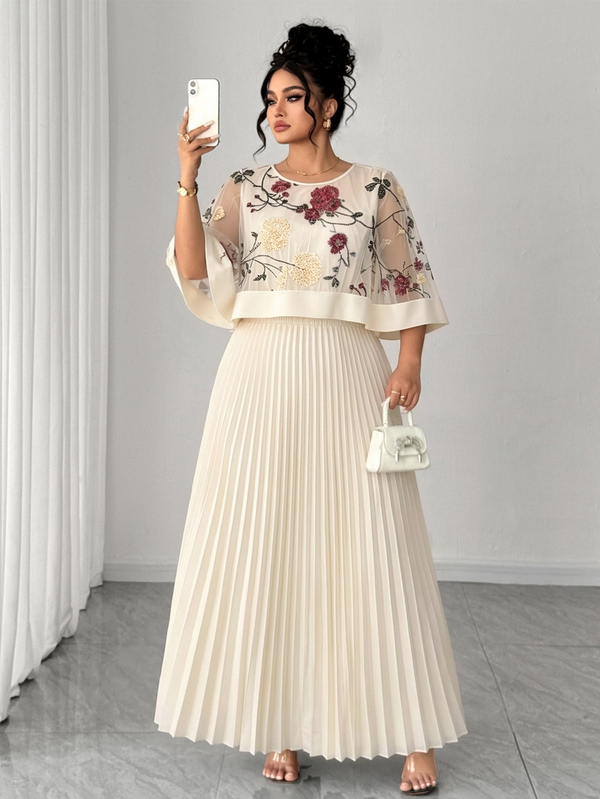 Elenzga Plus Size Women's Elegant 3D Floral Mesh Pleated Long Dress
