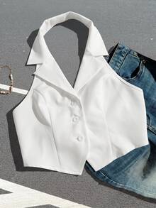 SHEIN EZwear 女款翻領露背無袖前扣西裝外套 秋冬款 - 白色 - 查看 4