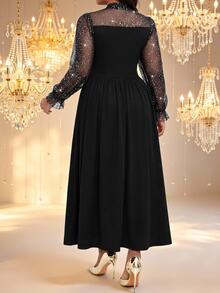 Fleurora Plus Size Women's Patchwork Glitter Mesh Elegant Dress Fall - Black - View 2