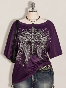 SHEIN ICON 女款大尺碼十字架與翅膀哥德風圖案T恤 - 紫色 - 查看 1