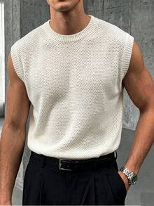 Manfinity Homme 男士大尺碼休閒純色針織背心，男孩秋冬日常新款套頭毛衣 - 米色 - 查看 1