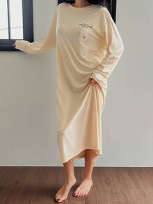 DAZY Women's Loose Long Sleeve T-Shirt Dress Nightgown With English Rabbit Pattern, Home Wear Dress - Apricot - View 3