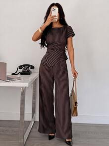 SHEIN PETITE 女款條紋不對稱下擺襯衫與寬鬆長褲套裝 - 咖啡棕 - 查看 1