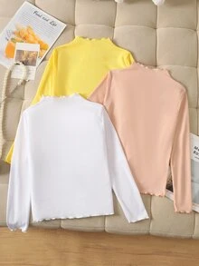 Tween Girl 3pcs Casual All-Match Versatile Solid Color Ribbed Lettuce Trim Mock Neck Tee - Multicolor - View 2
