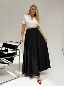 Auralis Plus Size Women's Solid Color Elastic Waist Casual Commute Skirt - Black - View 7