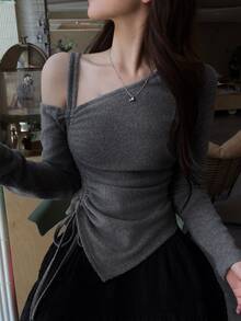 DAZY Women's Asymmetric Shoulder Drawstring Long Sleeve T-Shirt - Grey - View 1