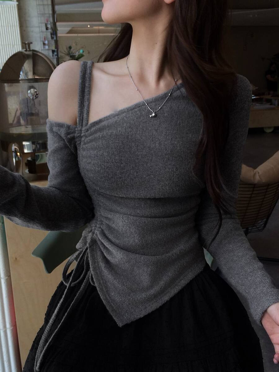 DAZY Women's Asymmetric Shoulder Drawstring Long Sleeve T-Shirt - Grey - View 1