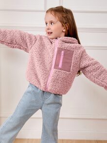 Cozy Pixies 女童厚實泡泡抓絨撞色連帽長袖開襟外套 - 淺粉色 - 查看 6