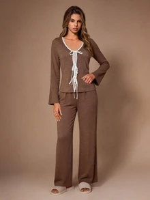 Lazeform Women's Casual Knit Tie-Front Cardigan Loungewear Pajama Set - Brown - View 4