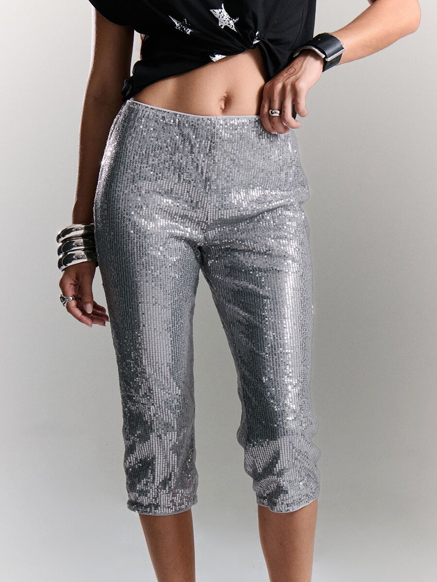 BAD SUNDAY Women's Sequin Slim Fit Capri Pants, Y2K Sexy Millennium Hot Girl Versatile All Season Style, Summer/ Ibiza Clubbing Party Silver - Silver - View 1