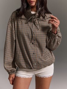 Athîral 女款深棕色格紋夾克，前拉鍊開襟，抽繩下擺，側口袋，寬鬆復古街頭風，適合秋季通勤與感恩節穿著 - 卡其色 - 查看 6