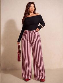 Elaquor Plus-Size Women's Striped High-Waisted Wide-Leg Jeans With Pockets – Perfect For Casual Outings.Autumn - Pink - View 4