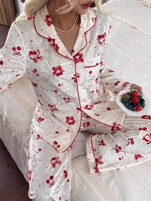 CottageSlumber Women's Cherry Bow Pattern Velvet Front Button Opening Patch Pocket Long Sleeve Pants Pajama Set - Red - View 6