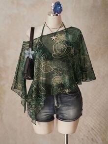 SHEIN ICON 大尺碼女款不對稱肩全印花休閒百搭日常上衣 - 彩色 - 查看 3
