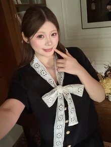 Bijouette Plus Size Lace Bow Knit Top, Puff Sleeve Single-Breasted Cropped Fitted Short Sleeve Cardigan With Bow Decor - Black and White - View 5