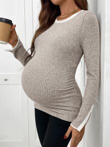 SHEIN Maternity Casual Colorblock Trim T-Shirt, Autumn Fall - Apricot - View 6