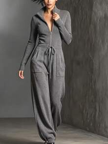 Balvessa Women's Zipper Half-Placket Drawstring Waist Sweater Jumpsuit - Dark Grey - View 1