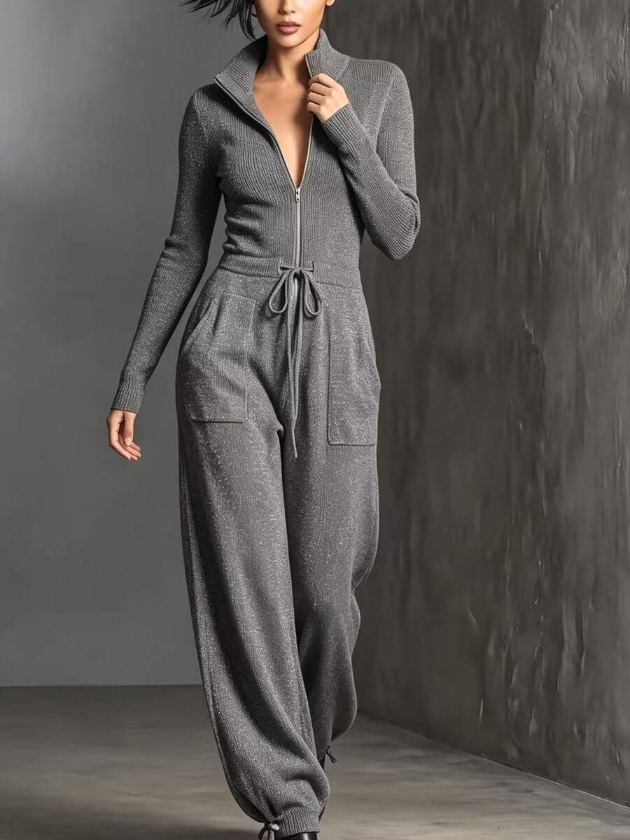 Balvessa Women's Zipper Half-Placket Drawstring Waist Sweater Jumpsuit - Dark Grey - View 1