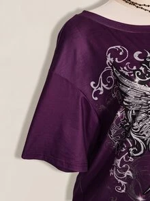 SHEIN ICON 女款大尺碼十字架與翅膀哥德風圖案T恤 - 紫色 - 查看 9