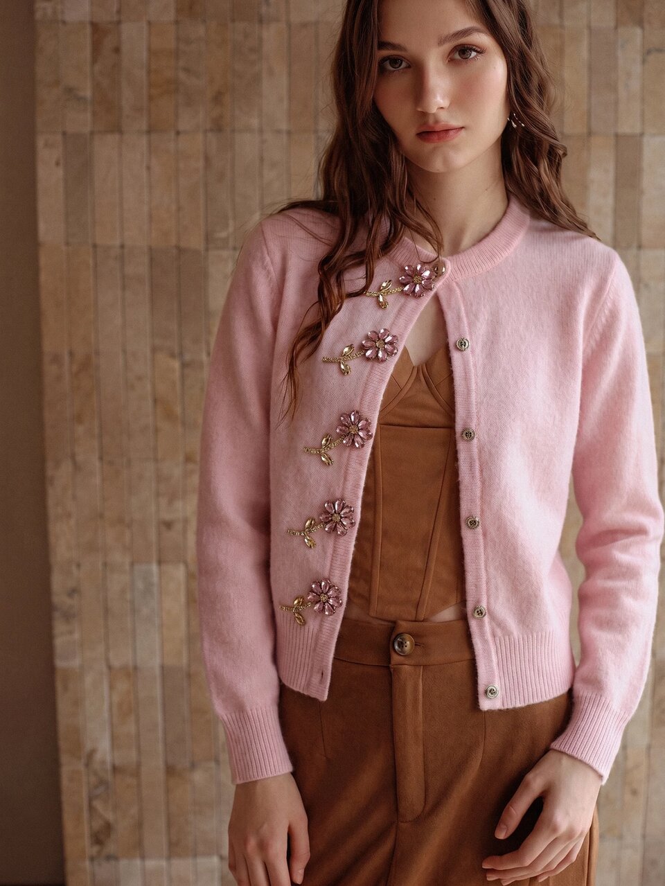 MOTF WOMEN'S AUTUMN/WINTER FLORAL RHINESTONE CARDIGAN SWEATER