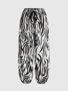ROMWE Street Life Women's Loose Zebra Print Streetwear Vintage Distressed Ribbed Sweatpants, Niche Versatile - Black and White - View 1