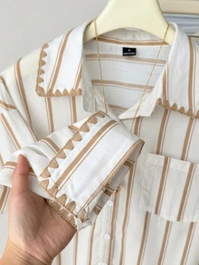 Comfortcana 女款刺繡棕色條紋拼接長袖修身時尚襯衫，附口袋，休閒優雅翻領 - 卡其色 - 查看 4