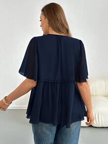 SHEIN Essnce 大尺碼夏季休閒純色前綁帶襯衫 - 藏蓝色 - 查看 2