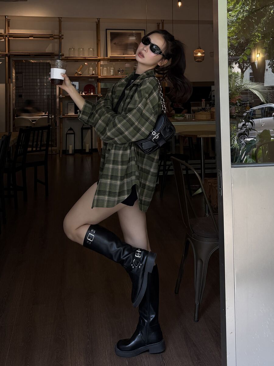 DAZY Women's Plaid Collar Korean Style Long Sleeve Spring Autumn Shirt - Green - View 1