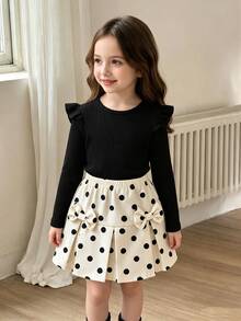 SHEIN Elladie kids 女童可愛休閒短袖羅紋上衣搭配時尚印花布料裙，舒適甜美 - 黑色 - 查看 3