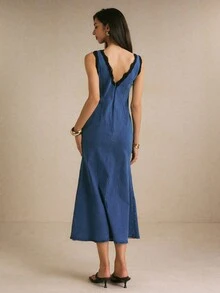 Poéselle Women's Summer Elegant Lace Trim Sleeveless Denim Dress - Dark Wash - View 2