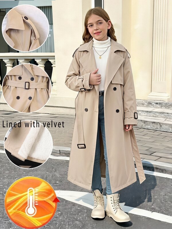 SHEIN Tween Girls Tween Girl Autumn/Winter Casual Elegant Vintage Military Style Khaki Double-Breasted Pocket Belted Long Trench Coat With Fleece Lining, Suitable For Back To School, Autumn/Winter Outings, Daily Wear