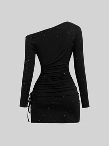 Sweetra New Shiny Fabric Party Evening Elegant Asymmetrical Shoulder Long Sleeve Cinched Waist Ruched Bow Tie Drawstring Side Slit Design Mini Dress - Black - View 2