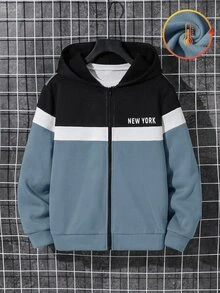 SHEIN 兒童青少年男孩休閒字母圖案連帽衛衣外套，舒適藍白配色，適合冬季、秋季、上學、開學季、街頭風 - 霧霾藍 - 查看 3