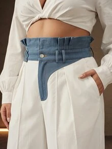 Anewsta Celana Jeans Denim Wanita Ukuran Plus dengan Motif Patchwork Biru & Putih, Pinggang Tinggi, dan Hem Berkerut, Cocok untuk Musim Semi/Panas, Kasual untuk Perjalanan Kantor/Komuter. - Putih - View 1