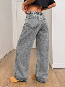SHEIN PETITE 女款休閒水洗直筒牛仔褲 - 淺色水洗藍 - 查看 3