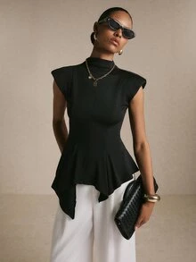 Poéselle Women's Black Stand Collar Cap Sleeve Asymmetric Hem Fashion T-Shirt,Chic Top,Elegant Women's Blouses,Work Outfits,Casual Blouses,Gothic,Fall/Winter - Black - View 6
