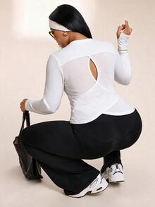Rhythm Era Women's Plus Size Solid Color Back Hollow Out Sports T-Shirt - White - View 4