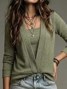 SHEIN LUNE Women's 2-In-1 Fake Two Pieces Ribbed Knit Sweatshirt, Square Neck Long Sleeve Casual Pullover Top - Army Green - View 1