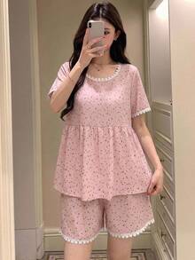 DAZY 女款花卉對比蕾絲短袖上衣與短褲睡衣套裝 秋季 - 粉色 - 查看 3