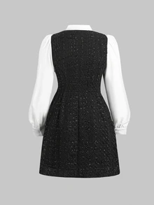 Tween Girl Collar Patchwork Kids Color Fashion Vacation Travel Autumn Dress - Black - View 5
