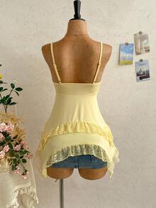 Soleia Plus Size Women's Lace Patchwork Asymmetrical Hem Cami Top - Yellow - View 2