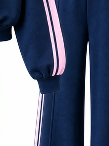青少年女孩秋季風格 2件組學院風蝴蝶結圖案半拉鍊運動衫＋對比條紋寬腿長褲套裝，返校運動休閒穿搭 - 寶藍色 - 查看 5